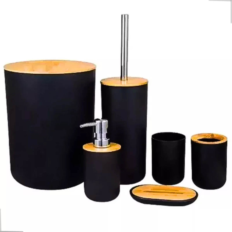 Conjunto Banheiro Bambu 6 Peças Preto Plasvale Lixeira 6,5l Escova Sanitária Acessórios Lavabo