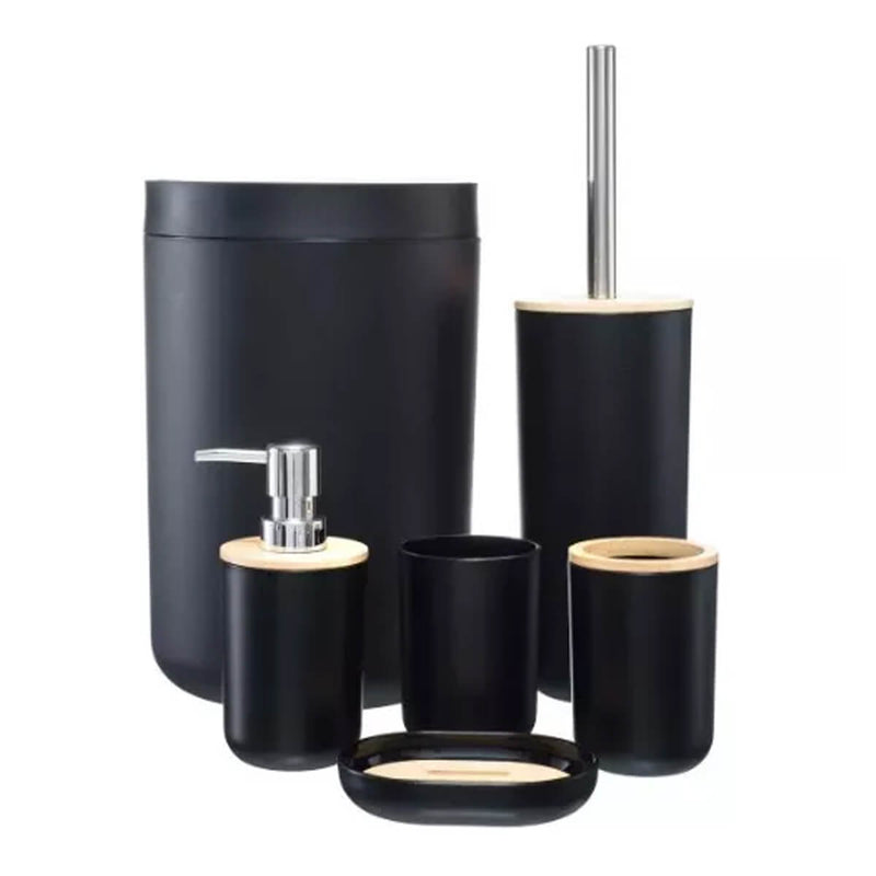 Conjunto Banheiro Bambu 6 Peças Preto Plasvale Lixeira 6,5l Escova Sanitária Acessórios Lavabo