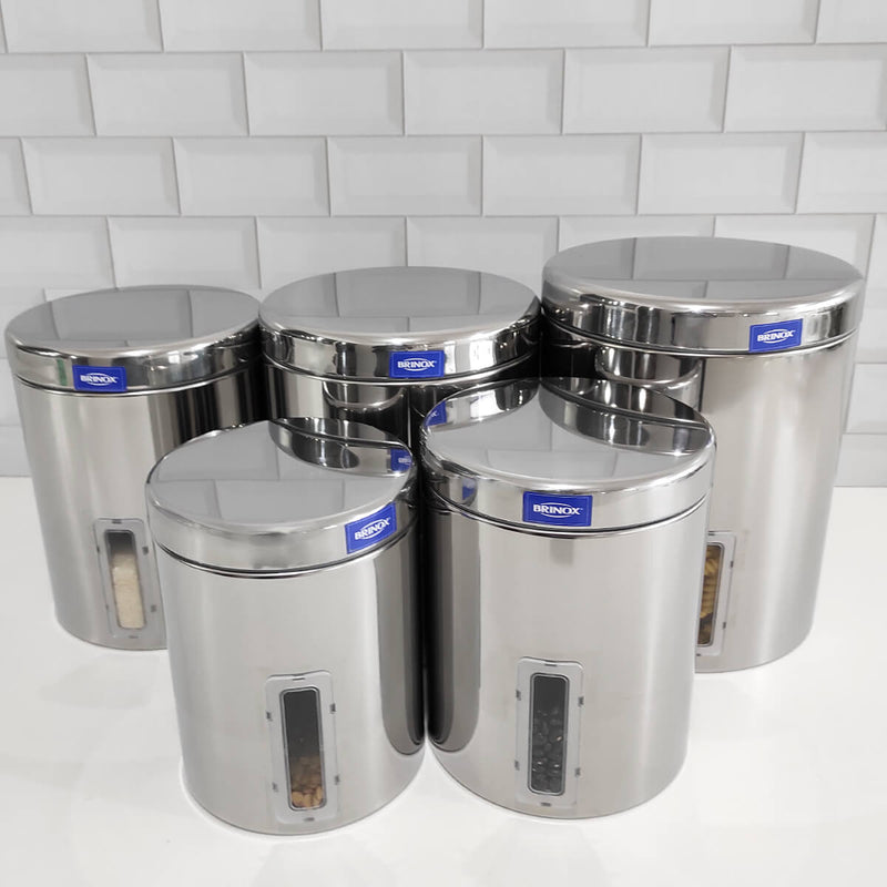 Conjunto de Potes 5 Peças Porta Mantimentos Inox com Visor com Tampa Brinox