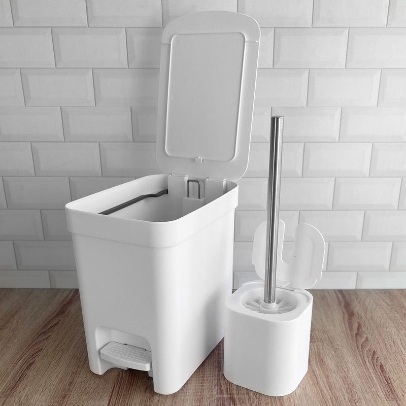 Conjunto de Banheiro Lixeira de Pedal Com Aro Interno 6L e Escova Sanitária com Suporte OU Branco